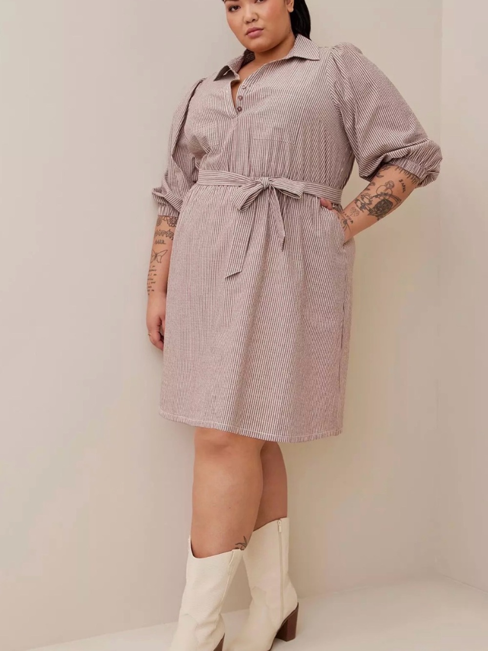 torrid tan-Striped Shirt Dress with Tie Waist size 2X